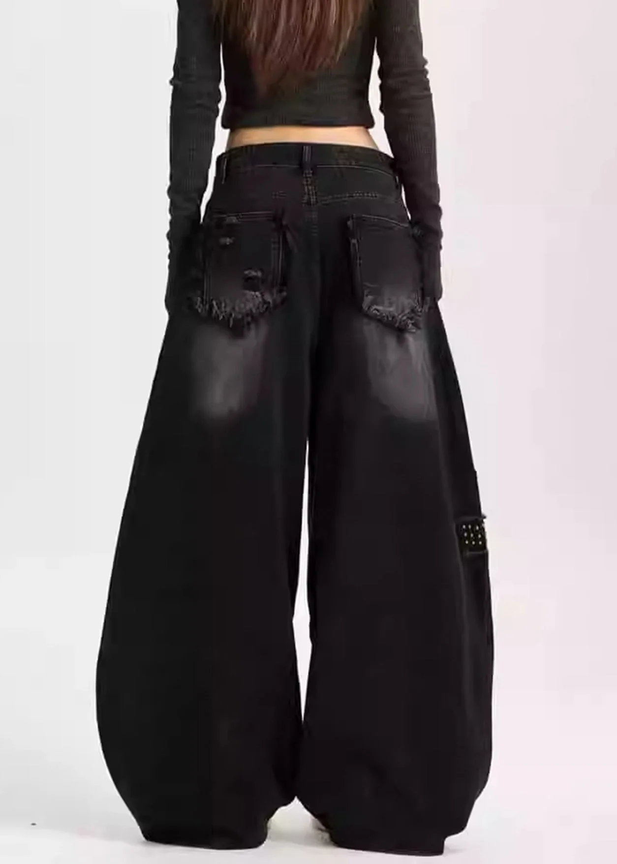 Black Loose Warm Fleece Denim Wide Leg Pants Letter Rivet Winter - Image 4