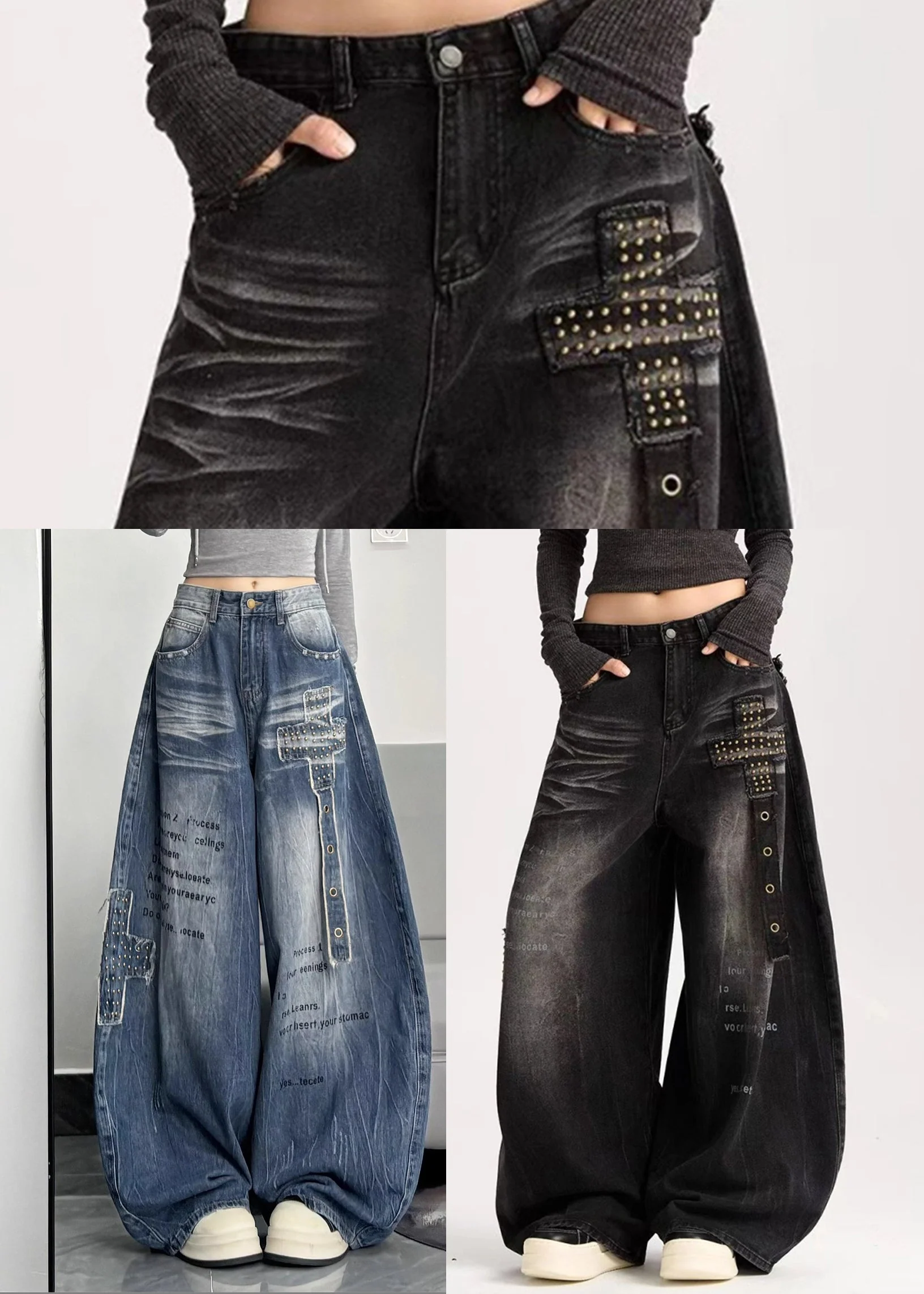 Black Loose Warm Fleece Denim Wide Leg Pants Letter Rivet Winter - Image 5