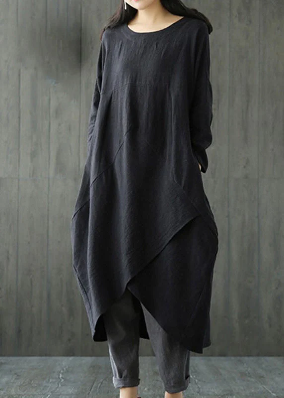 Black O-Neck Asymmetrical Linen Long Dress Long Sleeve - Image 2