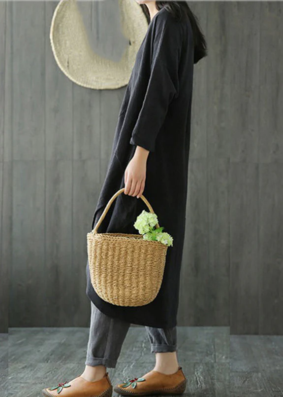 Black O-Neck Asymmetrical Linen Long Dress Long Sleeve - Image 3
