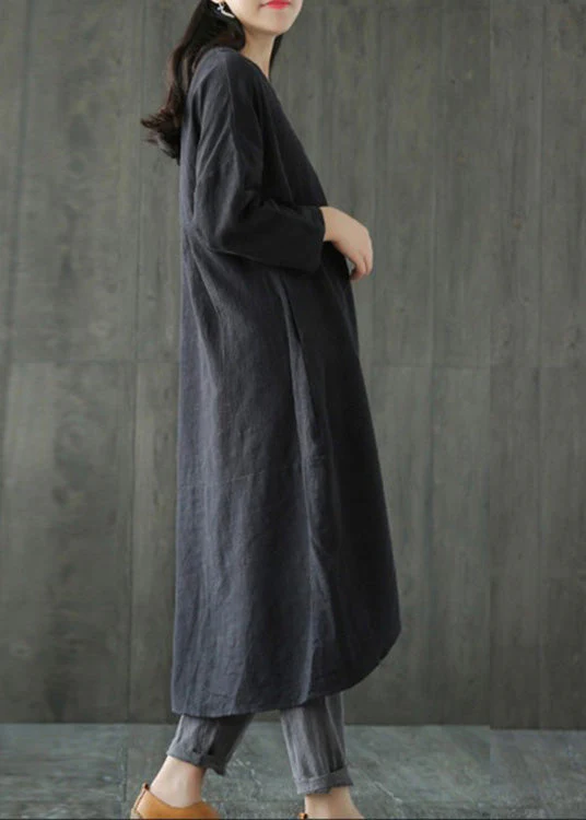 Black O-Neck Asymmetrical Linen Long Dress Long Sleeve - Image 4