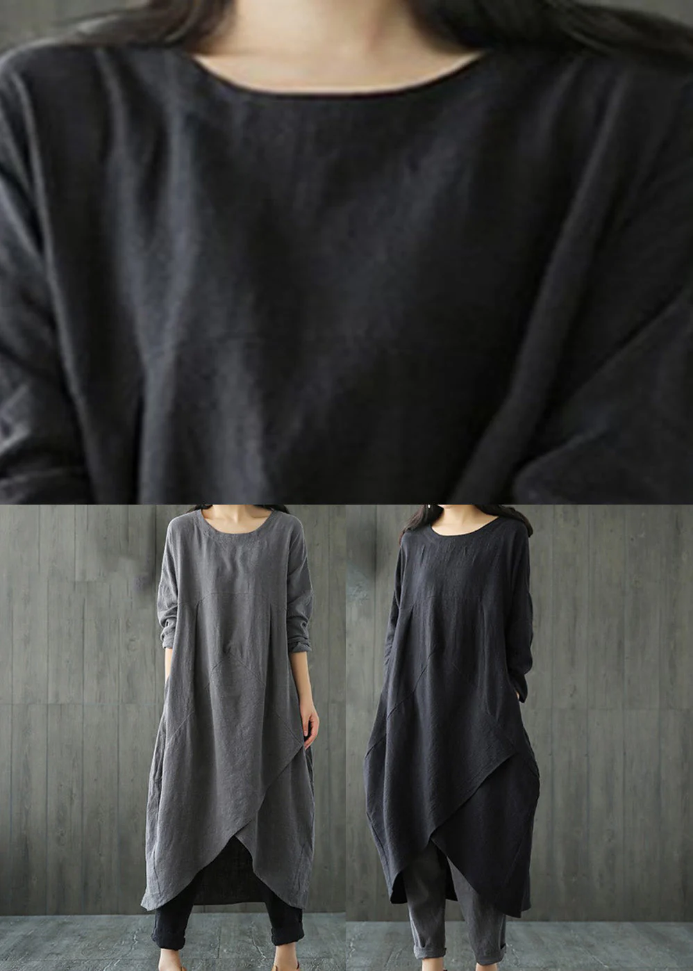 Black O-Neck Asymmetrical Linen Long Dress Long Sleeve - Image 5