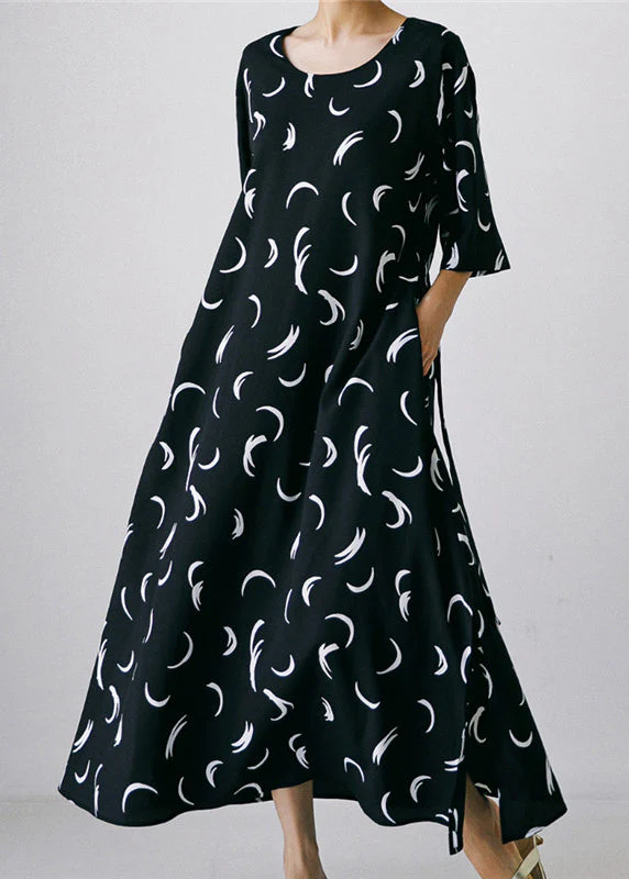 Black O-Neck Bow Tie Waist Silk Maxi Dress Long Sleev - Image 2