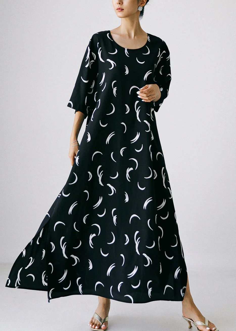Black O-Neck Bow Tie Waist Silk Maxi Dress Long Sleev - Image 3