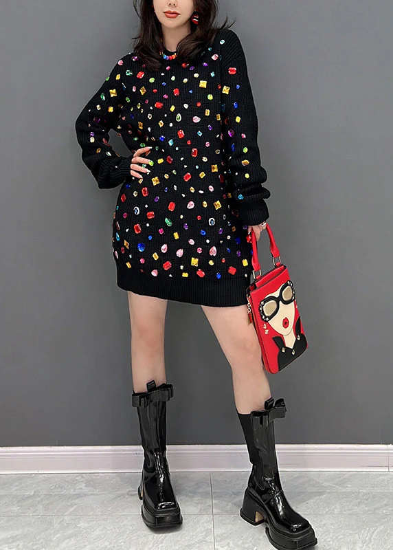 Black O-Neck Bright Diamond Knit Mid Dress Winter - Image 2