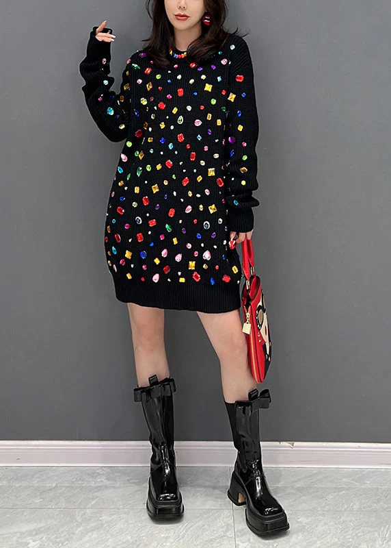 Black O-Neck Bright Diamond Knit Mid Dress Winter - Image 3