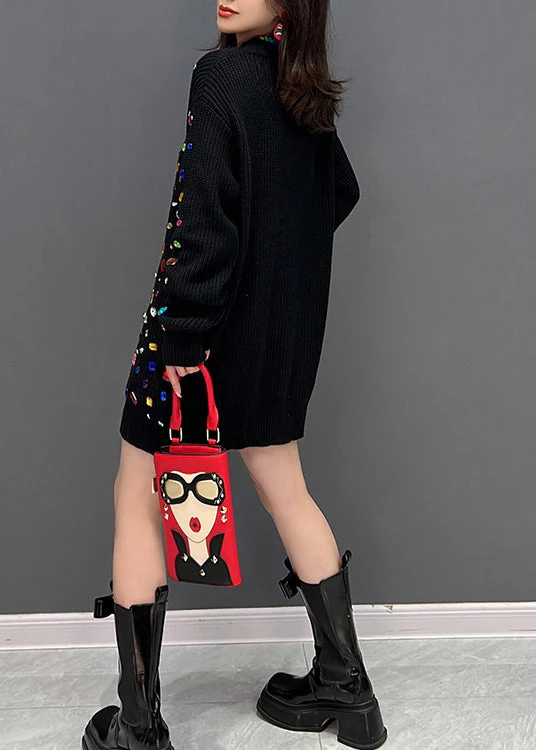 Black O-Neck Bright Diamond Knit Mid Dress Winter - Image 4
