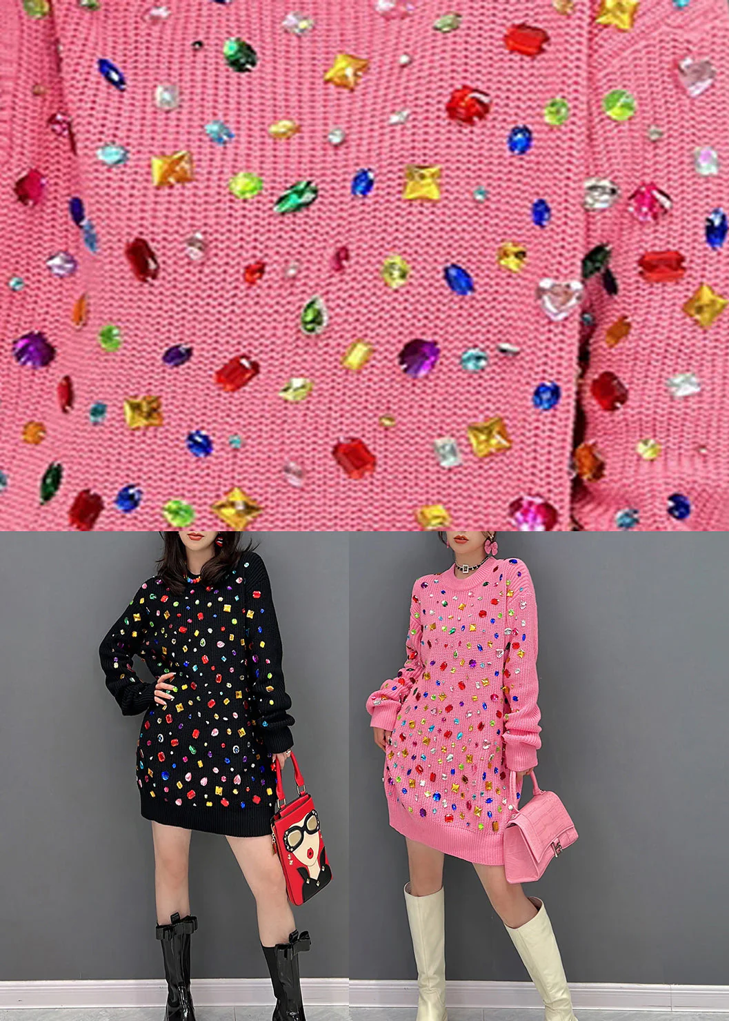 Black O-Neck Bright Diamond Knit Mid Dress Winter - Image 5
