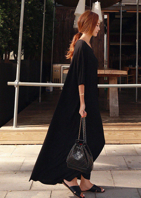 Black O-Neck Cotton Ankle Dress Short Sleeve - Image 2