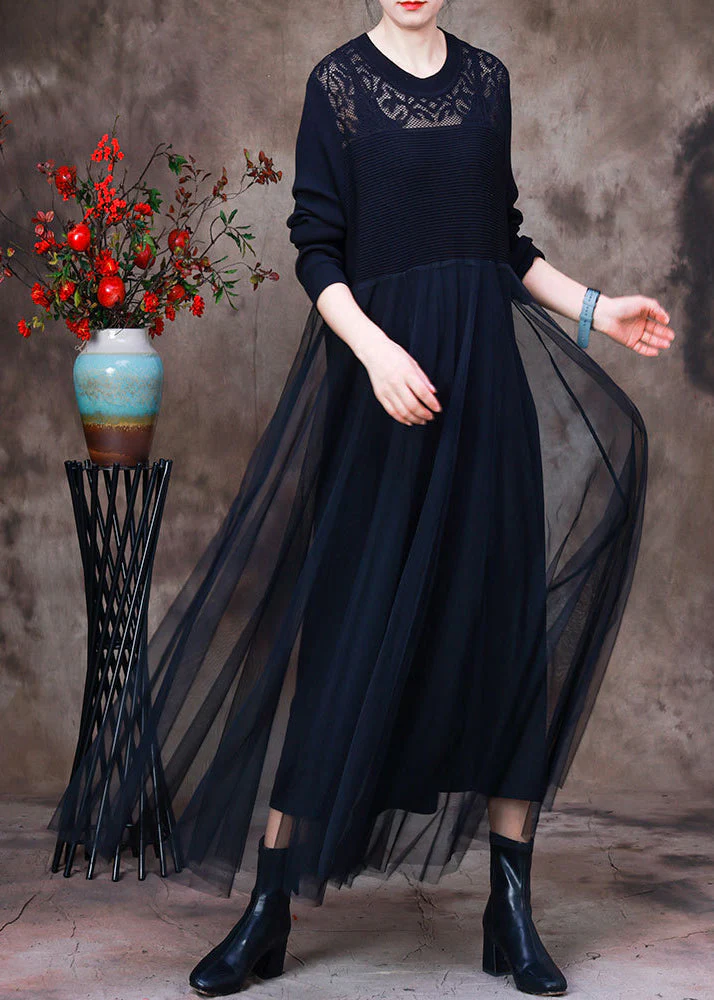 Black O-Neck Hollow Out Knit Dress Long Sleeve - Image 2