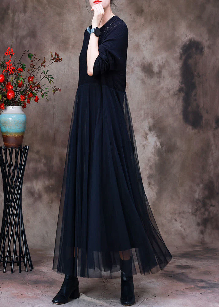 Black O-Neck Hollow Out Knit Dress Long Sleeve - Image 3