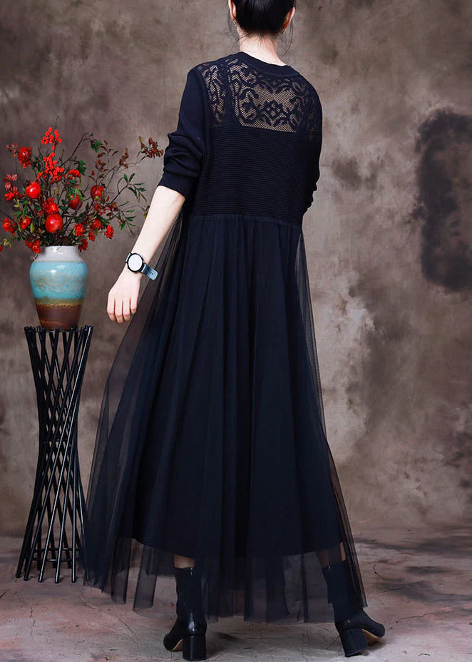 Black O-Neck Hollow Out Knit Dress Long Sleeve - Image 4