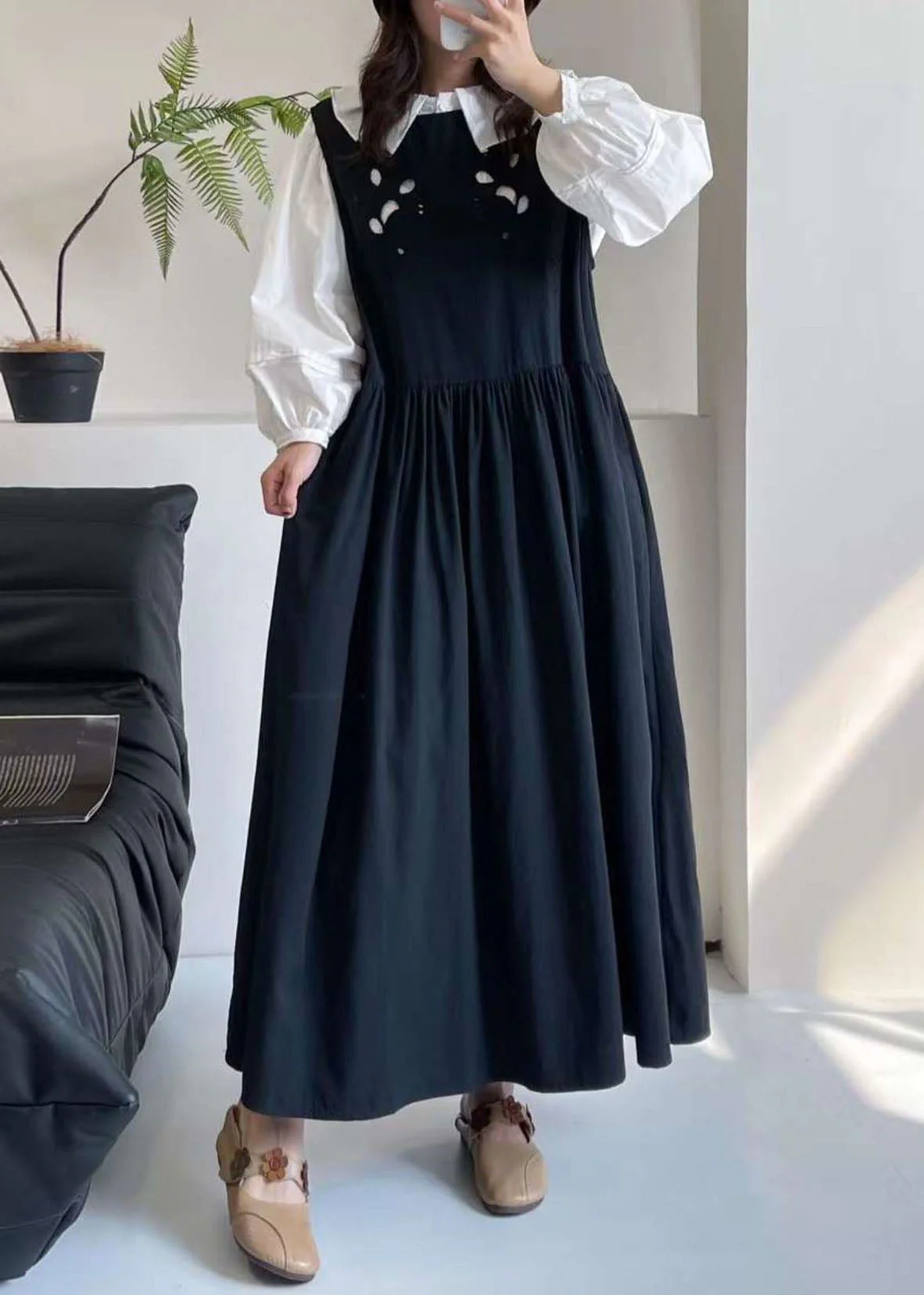 Black O-Neck Patchwork Wrinkled Maxi Dress Summer - Image 2