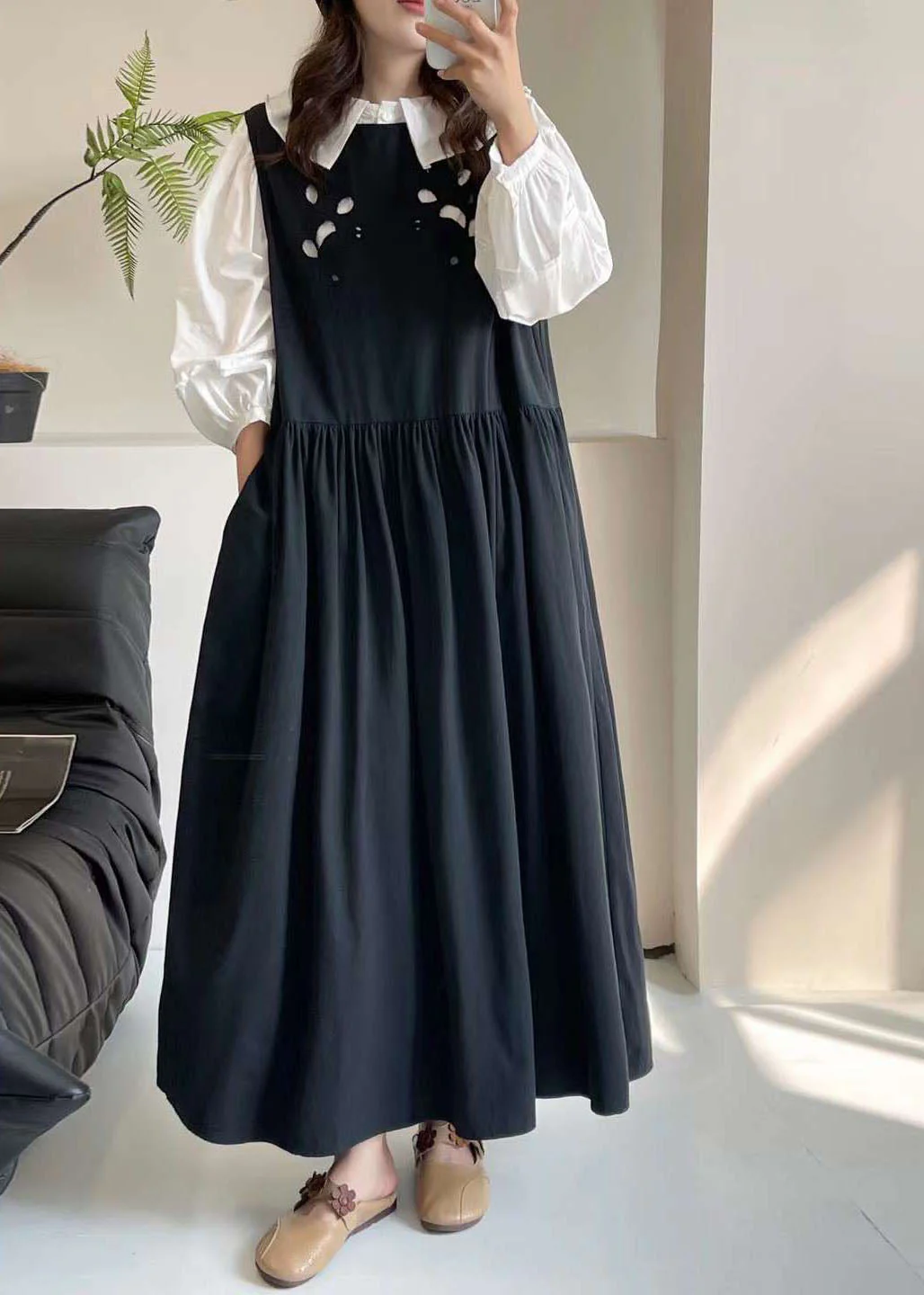 Black O-Neck Patchwork Wrinkled Maxi Dress Summer - Image 3