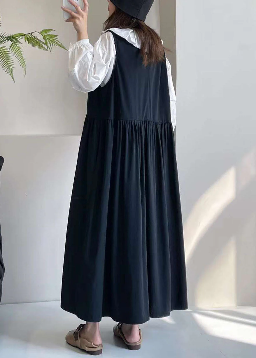 Black O-Neck Patchwork Wrinkled Maxi Dress Summer - Image 4