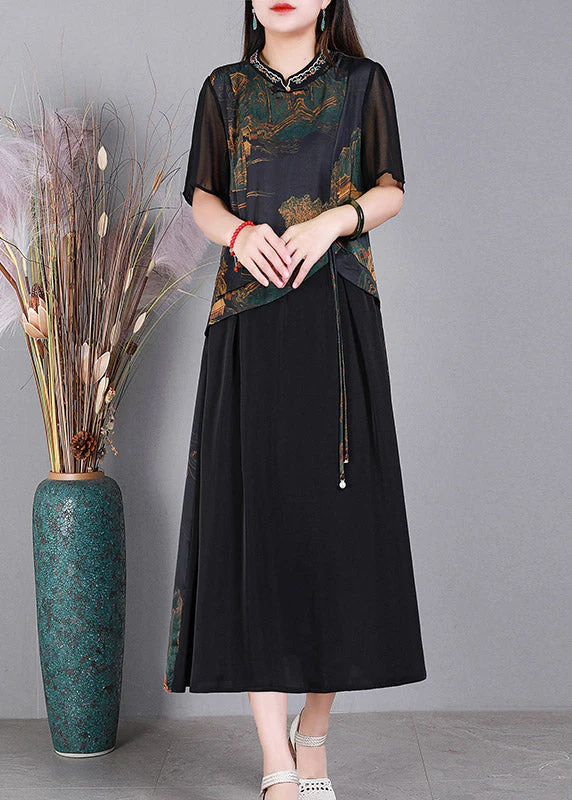 Black O-Neck Print Patchwork Silk Dresses Short Sleeve - Image 2