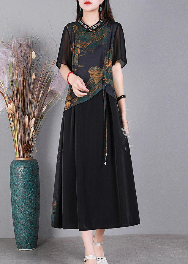 Black O-Neck Print Patchwork Silk Dresses Short Sleeve - Image 3