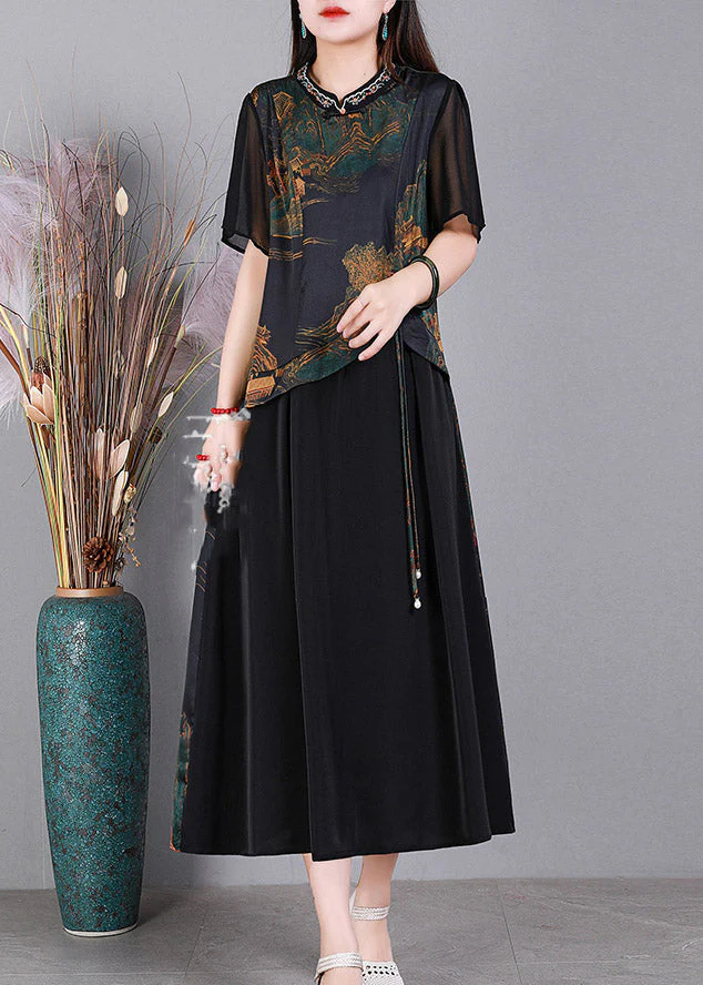 Black O-Neck Print Patchwork Silk Dresses Short Sleeve - Image 4