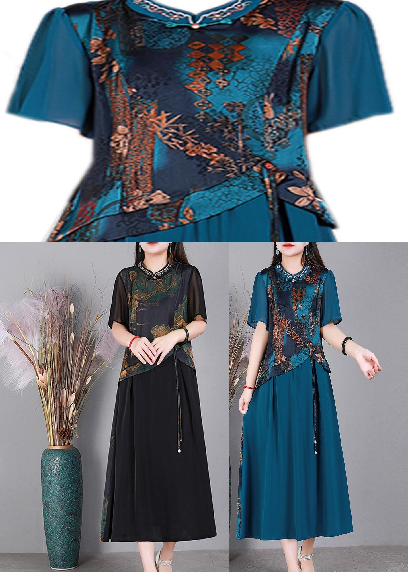 Black O-Neck Print Patchwork Silk Dresses Short Sleeve - Image 5