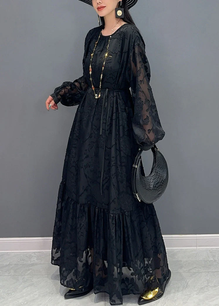 Black O-Neck Tulle Maxi Dresses Lantern Sleeve - Image 3