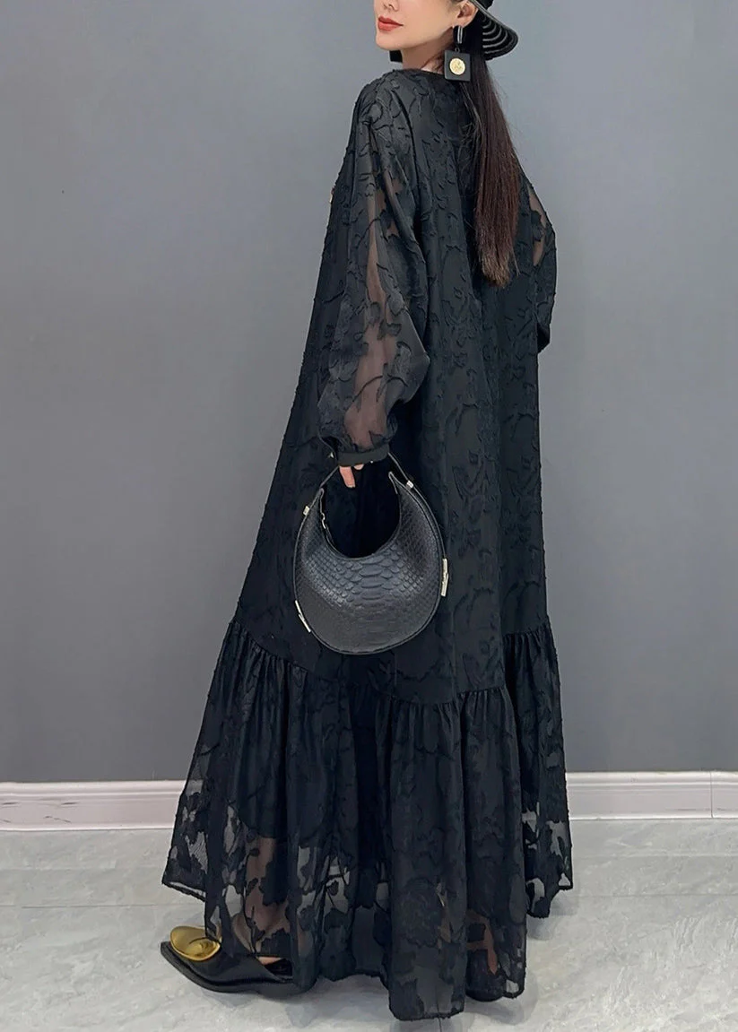 Black O-Neck Tulle Maxi Dresses Lantern Sleeve - Image 4