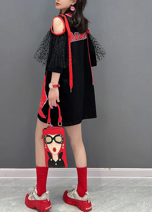 Black O-Neck Tulle Patchwork Belle Mid Dress Half Sleeve - Image 4