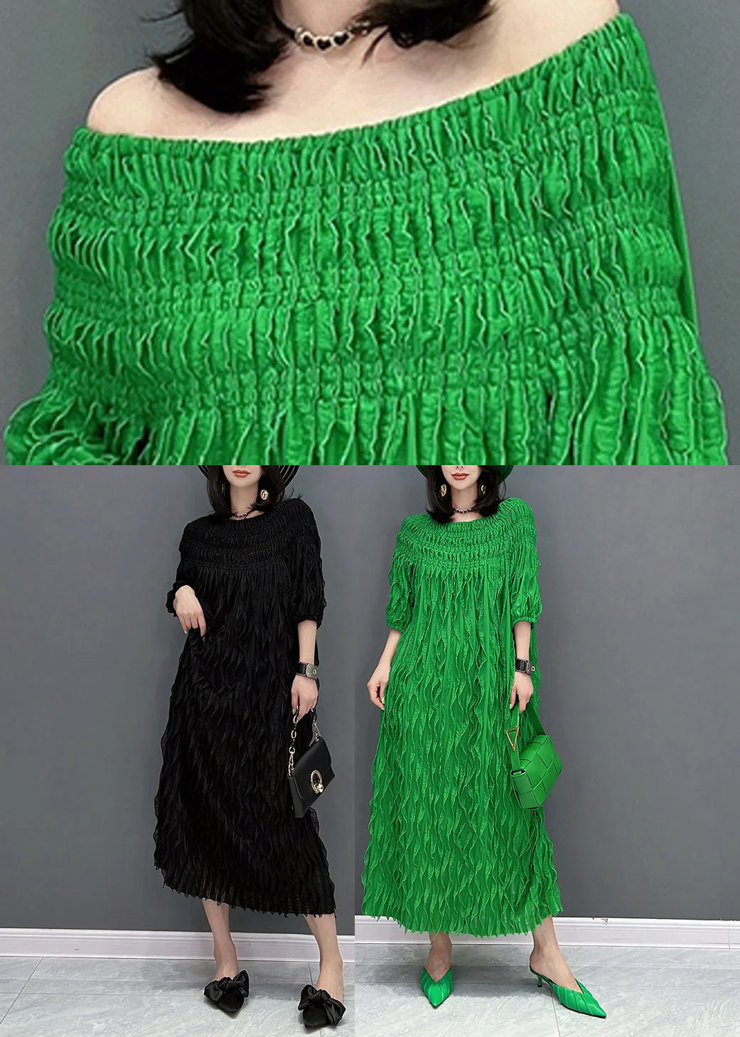 Black O-Neck Wave Silk Long Dress Half Sleeve - Image 5