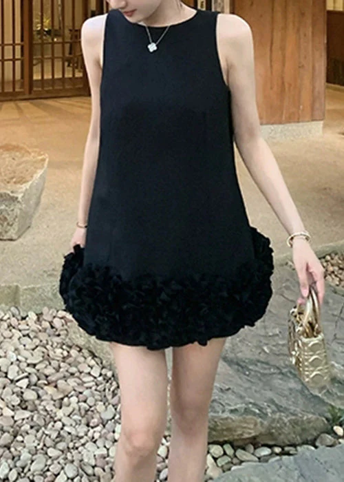Black Original Design Solid Cotton Mini Dresses O Neck Summer - Image 3