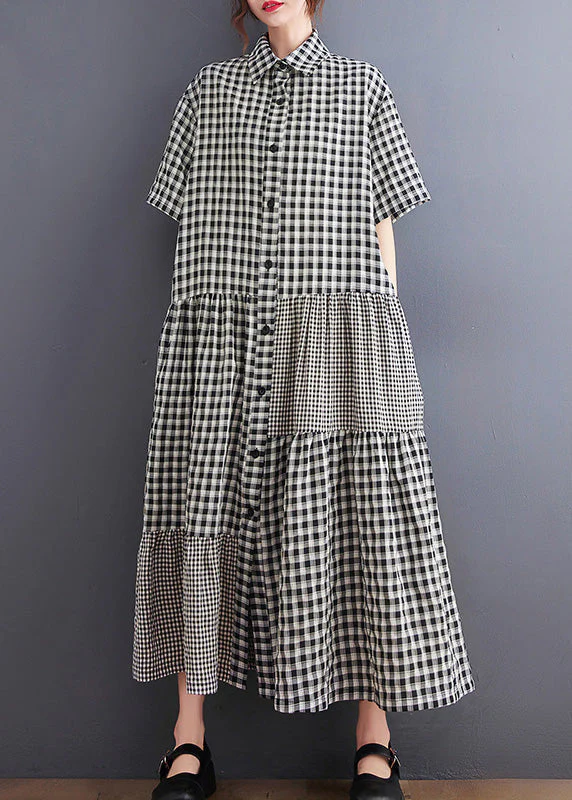 Black Patchwork Button Vacation Long Dresses Short Sleeve - Image 2
