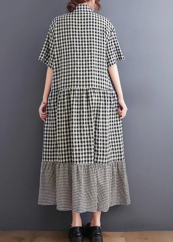 Black Patchwork Button Vacation Long Dresses Short Sleeve - Image 3
