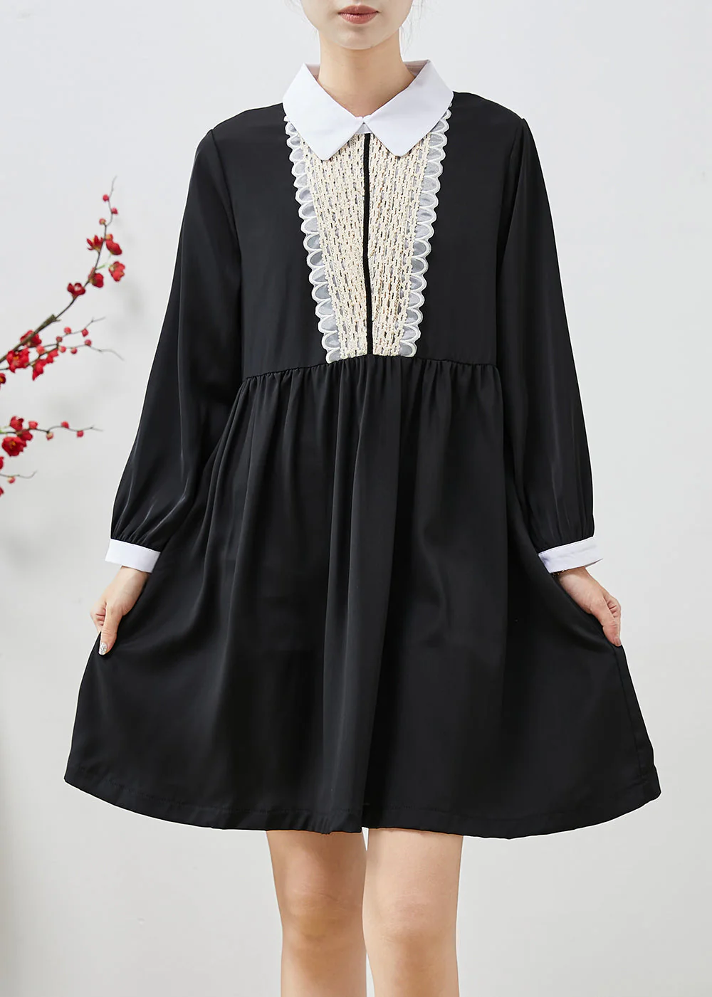 Black Patchwork Chiffon Day Dress Peter Pan Collar Summer - Image 2