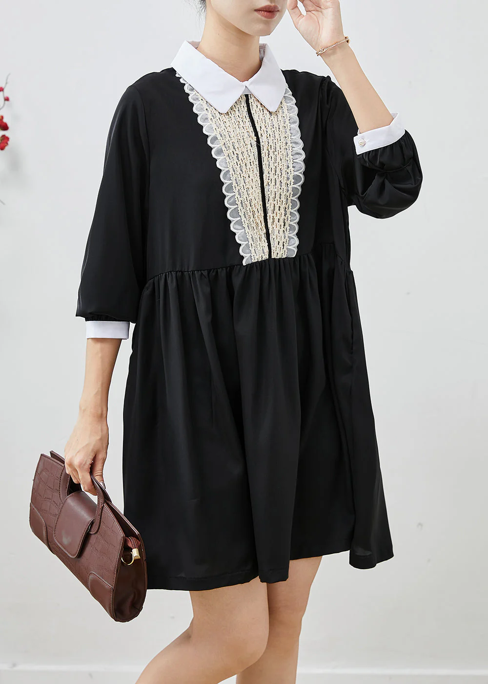 Black Patchwork Chiffon Day Dress Peter Pan Collar Summer - Image 3