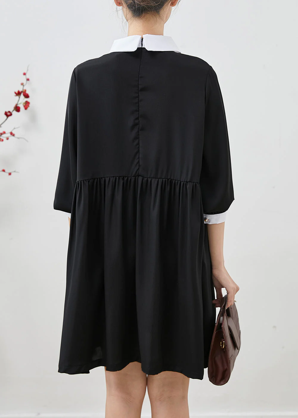 Black Patchwork Chiffon Day Dress Peter Pan Collar Summer - Image 4