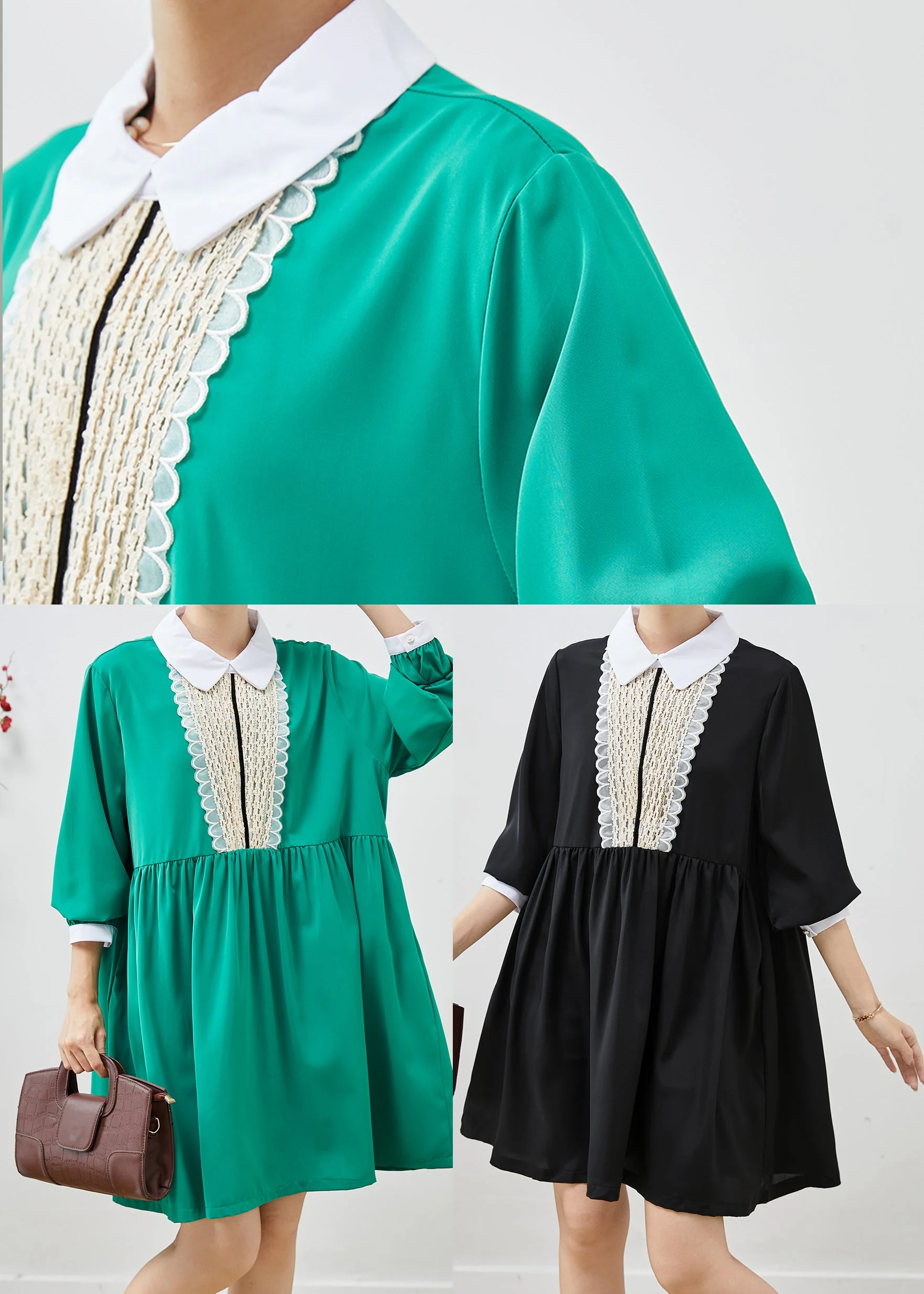 Black Patchwork Chiffon Day Dress Peter Pan Collar Summer - Image 5
