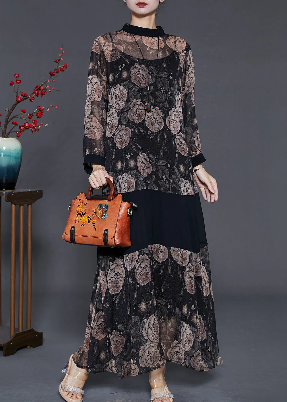 Black Patchwork Chiffon UPF 50+ Dress Two Piece Set Print Summer - Image 2