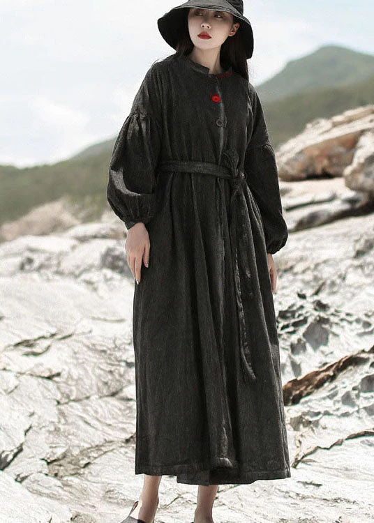 Black Patchwork Corduroy Dress Cinched Spring - Image 2