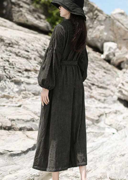 Black Patchwork Corduroy Dress Cinched Spring - Image 4