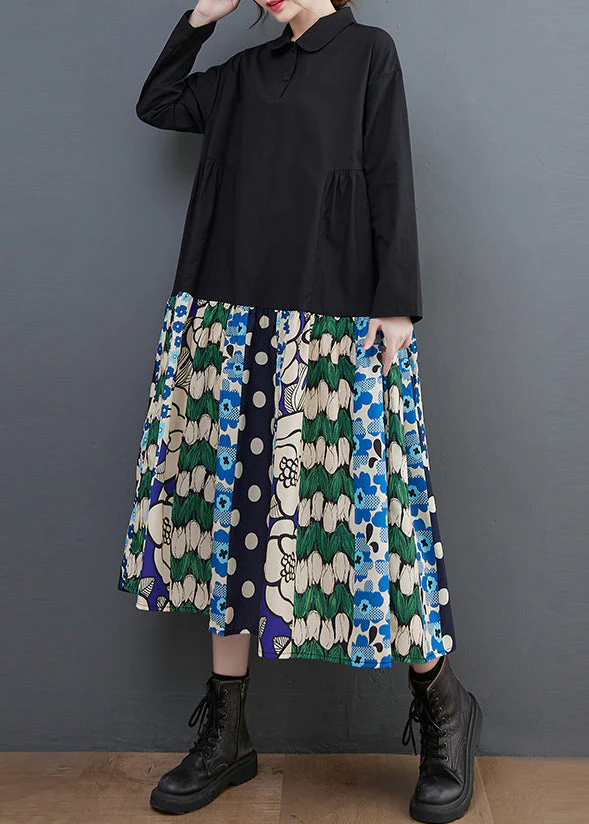 Black Patchwork Cotton A Line Dress Oversized Print Fall - Image 3