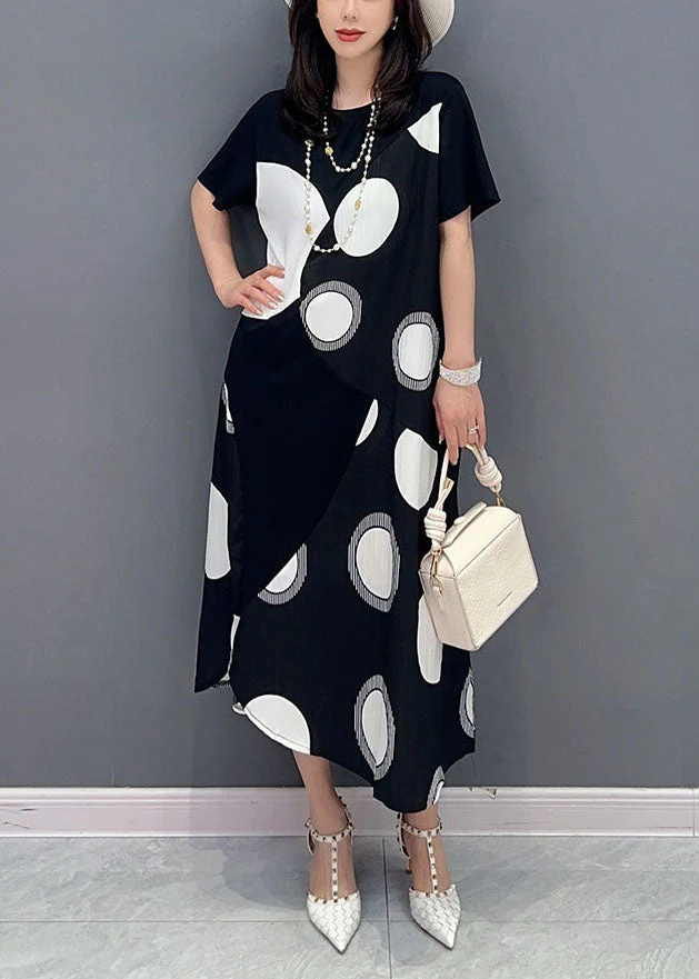 Black Patchwork Cotton Dress Asymmetrical Dot Print Summer - Image 2