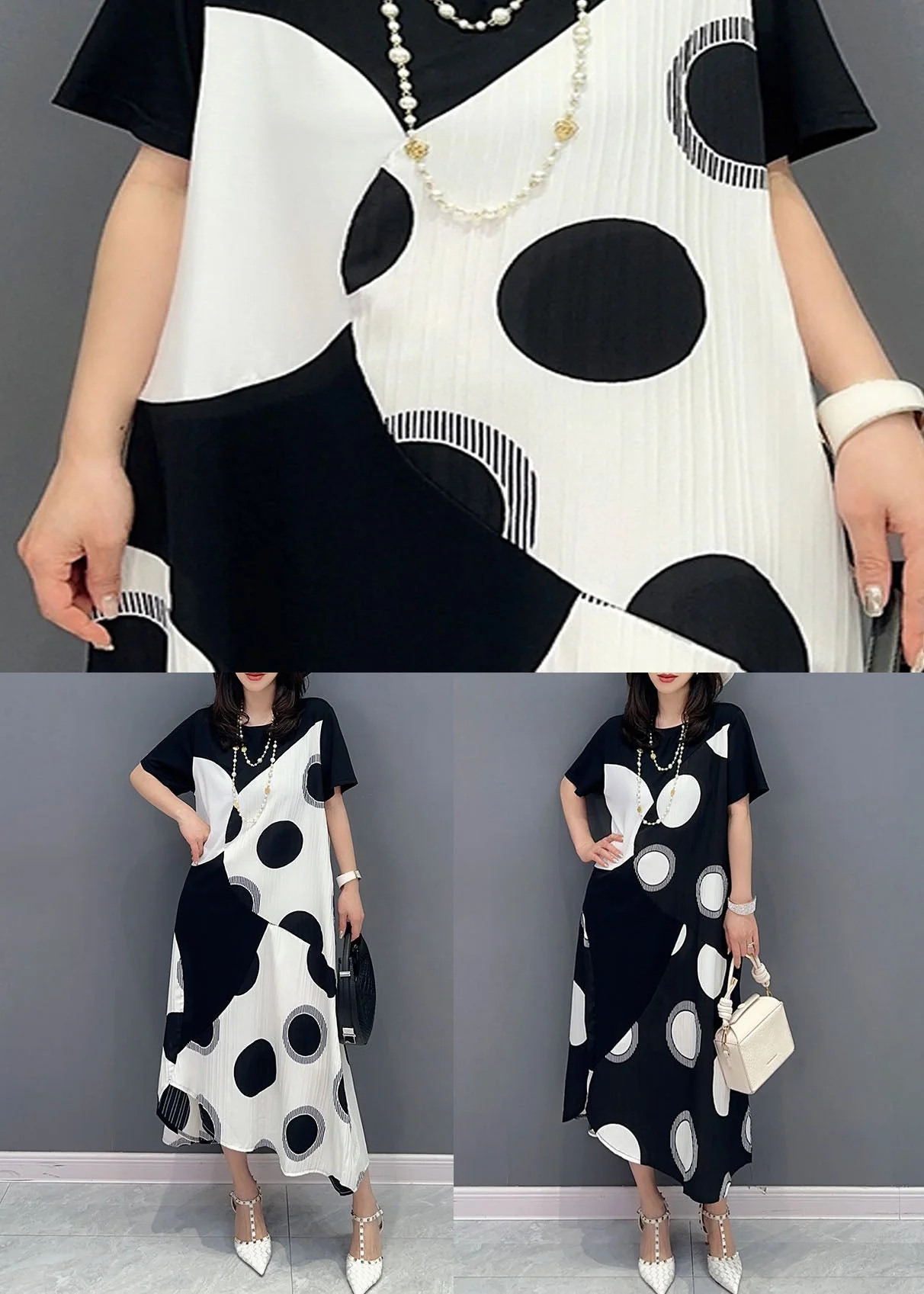 Black Patchwork Cotton Dress Asymmetrical Dot Print Summer - Image 5