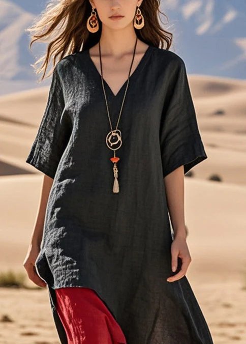 Black Patchwork Cotton Dresses Asymmetrical Summer - Image 2