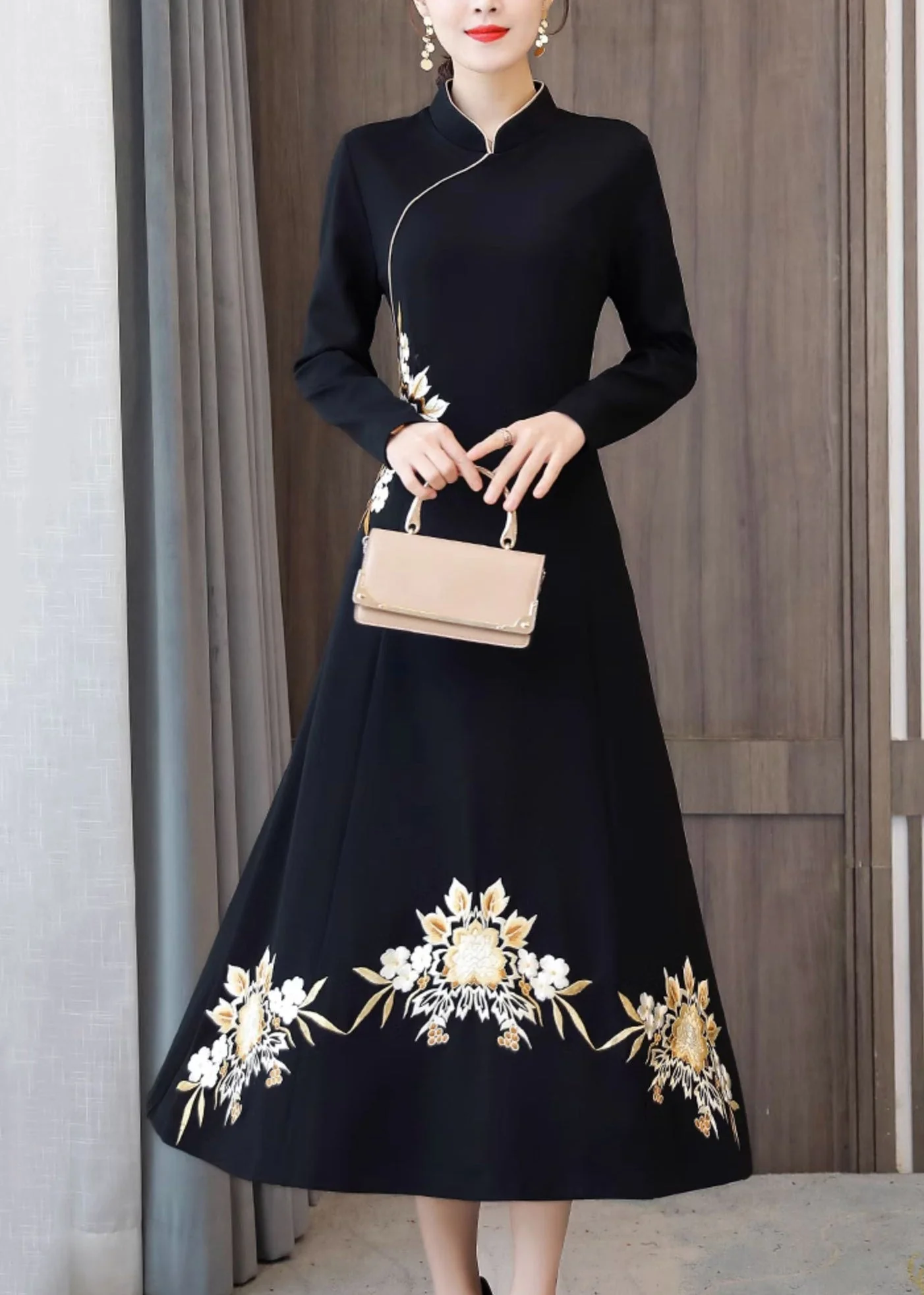 Black Patchwork Cotton Dresses Embroideried Stand Collar Fall - Image 2