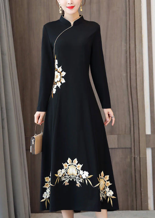 Black Patchwork Cotton Dresses Embroideried Stand Collar Fall - Image 3