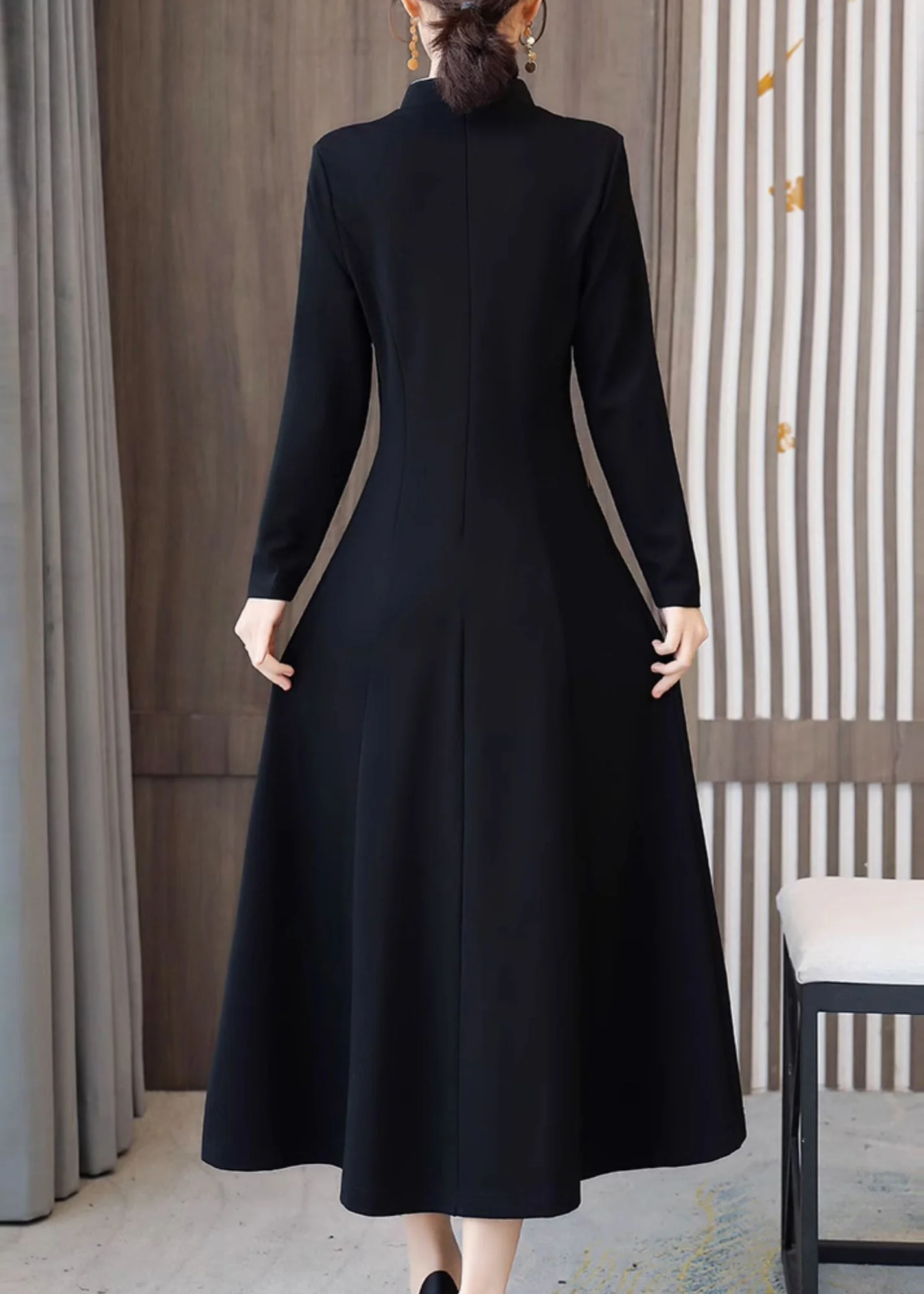 Black Patchwork Cotton Dresses Embroideried Stand Collar Fall - Image 4