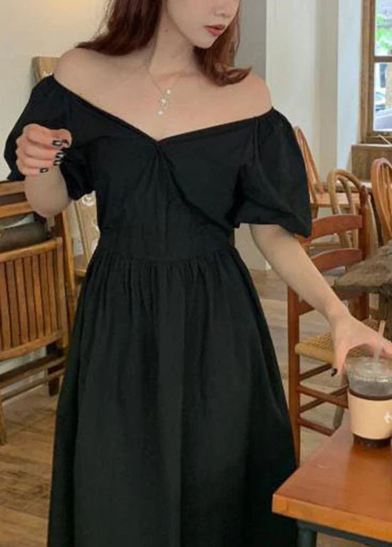 Black Patchwork Cotton Dresses V Neck Wrinkled Summer - Image 2