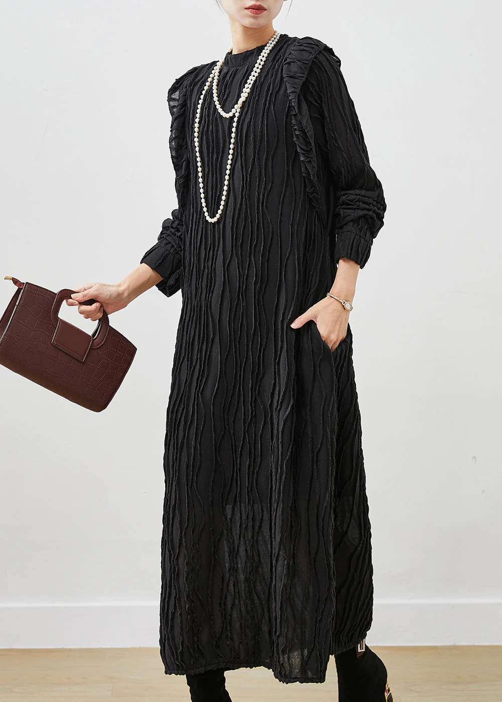 Black Patchwork Cotton Holiday Dress Ruffled Wrinkled Spring - Image 2