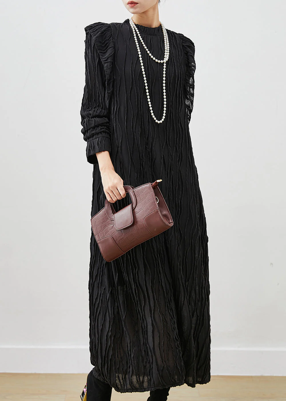 Black Patchwork Cotton Holiday Dress Ruffled Wrinkled Spring - Image 3