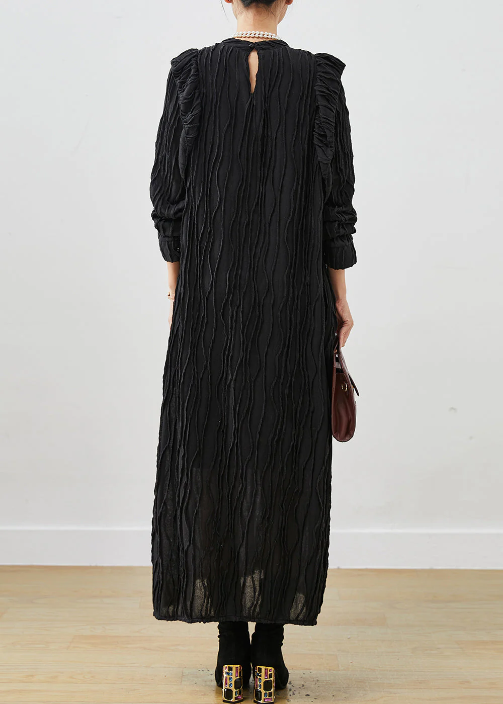 Black Patchwork Cotton Holiday Dress Ruffled Wrinkled Spring - Image 4