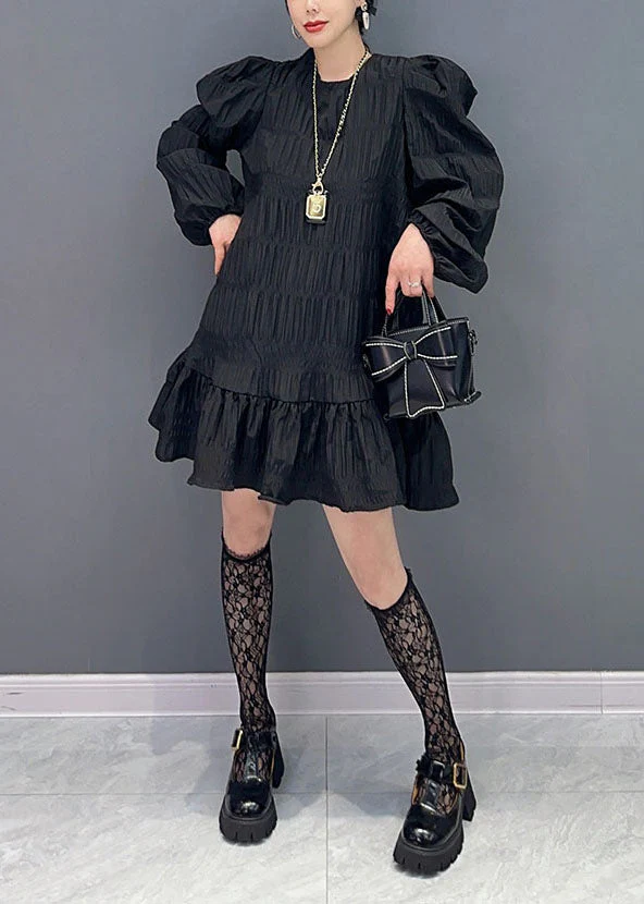 Black Patchwork Cotton Holiday Dress Wrinkled Puff Sleeve - Image 3