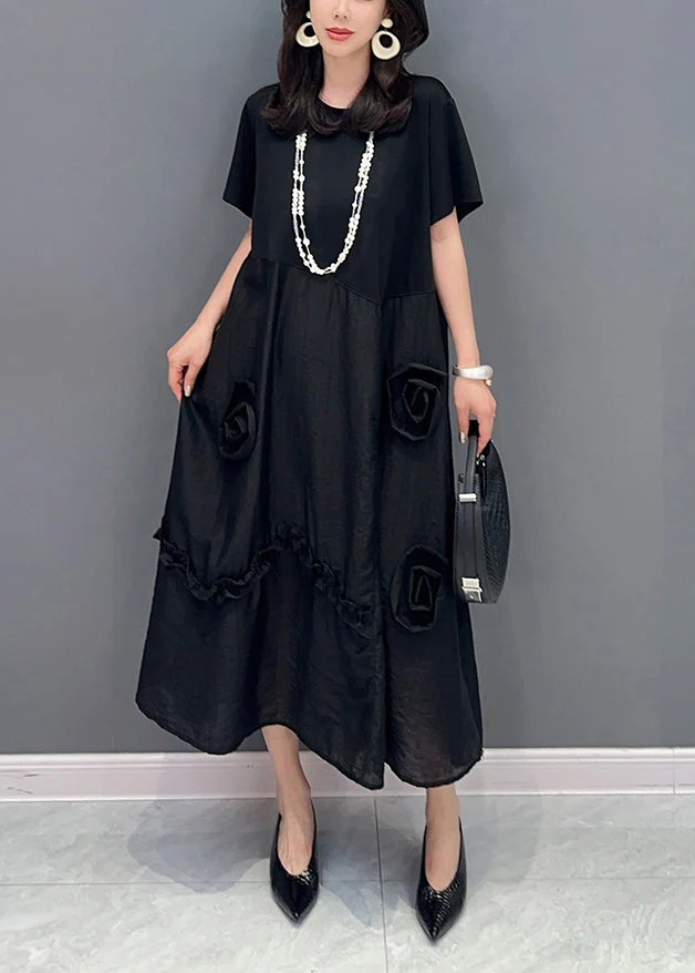 Black Patchwork Cotton Long Dress O Neck Ruffled Summer - Image 2